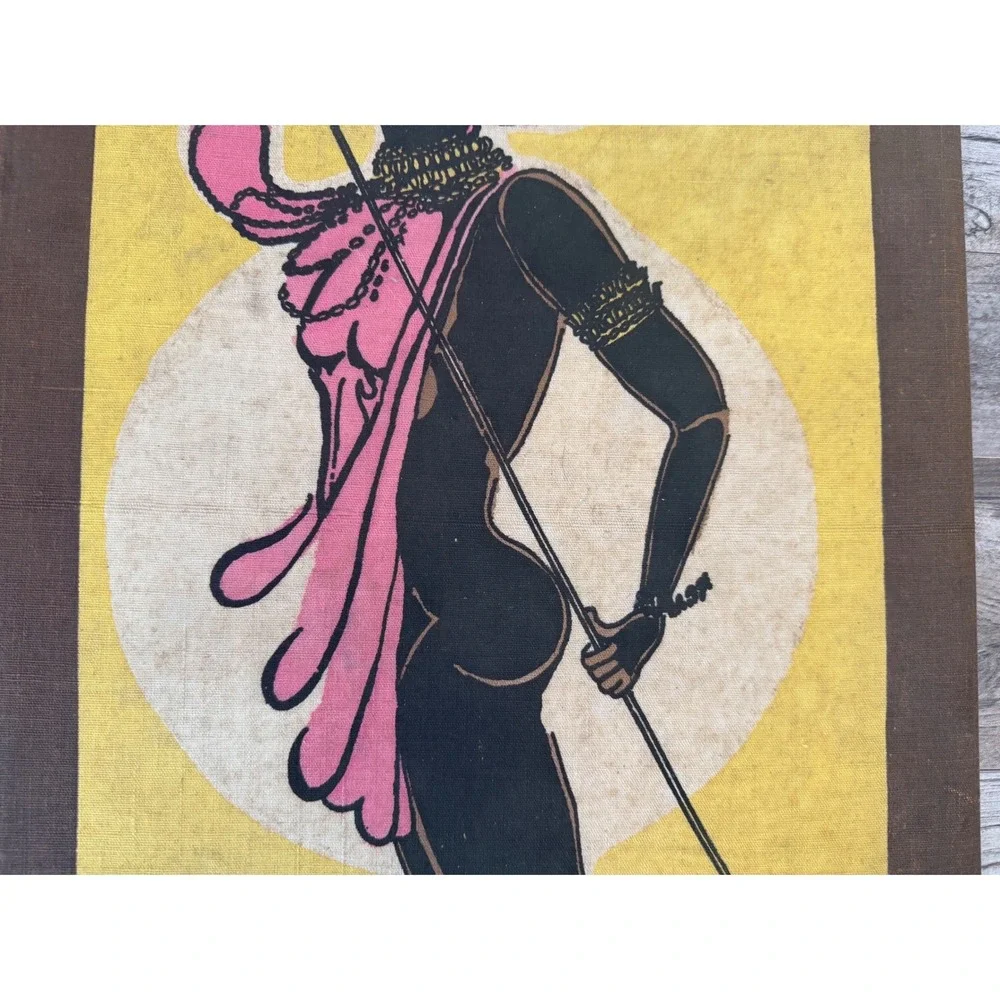 VTG Mid Century Modern African Warrior Dancer Fabric Print Silhouette Art MCM